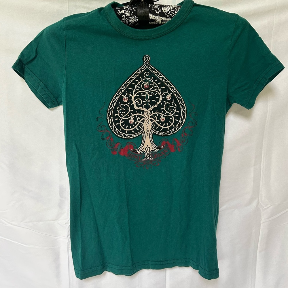 Lucky brand green w/ black tree/heart/ spade design fitted t-shirt XS